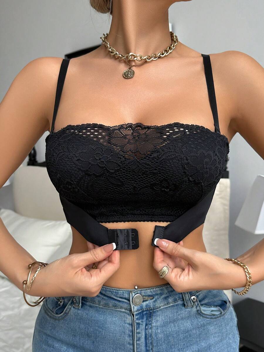 One-Piece Strapless Lace Bra With Front Clasp, Lingerie - Black - View 1