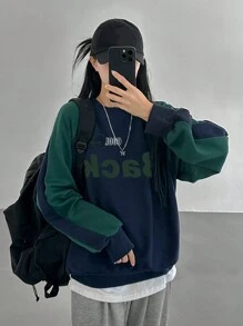 DAZY 女式拼布撞色街头风格字母印花卫衣，秋季服装 - 藏蓝色 - 查看 7