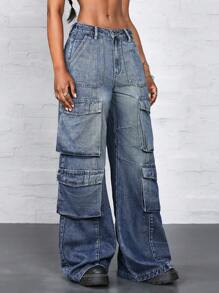 Jeanoix 女士纽扣口袋复古工作服阔腿工装牛仔裤低腰直腿牛仔裤