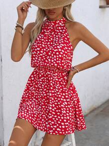 Breezaya Đầm trễ vai in họa tiết thường ngày dành cho nữ (Mẫu ngẫu nhiên) - Đỏ - Xem 4