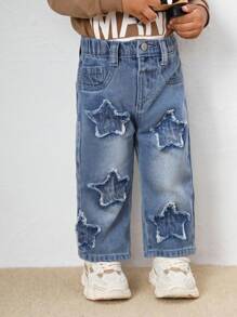 SHEIN Baby Boy Casual Stonewashed Cute Star Patchwork Straight Legs Blue Denim Jeans,For Fall And Winter Outdoor Wear - Light Wash - View 5