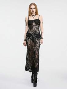 ROMWE Goth Vestido negro informal de tirantes con encaje transparente, flores, lazo y estilo sexy para mujeres de vacaciones - Negro - Ver 4