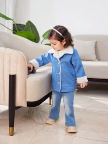3pcs Baby Girls Thickened Sherpa Lined Denim Jacket, Undershirt And Flared Pants Set - Blue - View 3