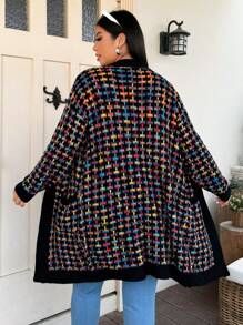 Flirla Plus Size Long Plaid Mixed Color Cardigan With Pockets, For Winter Fall Cloth For Women