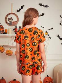 SHEIN Burnt Orange Halloween Pumpkin Print Short Sleeve Shorts Pajama Set,Cute Summer Family Matching Mommy And Me Outfits - Orange - View 2