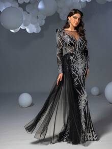 Faeriesty Elegant Sequin Contrast Mesh Mermaid Hem Formal Dress - Black - View 8