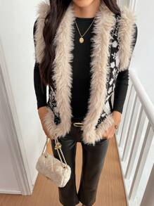 EMERY ROSE Women's Autumn/Winter Clothes Fashion Plush Patchwork Floral Embroidery Vest Padded Padded Coat - Black - View 3