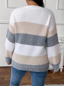 SHEIN Frenchy Plus Size Colorful Striped Fluffy V-Neck Comfortable Soft Pullover Sweater For Back To School Season, For Winter - Multicolor - View 2