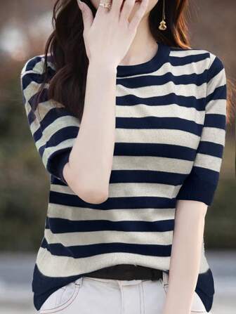 EMERY ROSE Women's Round Neck Casual Striped Short Sleeve Knitted Sweater, Spring/Summer