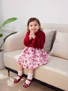 Baby Girl Winter Elegant Lady Red Imitation Rabbit Fur Warm Coat Full Of Flowers Bow Belt High-End Dress Skirt