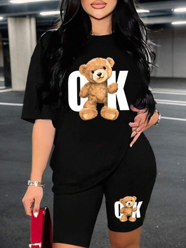 Slaydiva 2 bucăți/Set tricou cu mânecă scurtă cu mânecă scurtă cu imprimeu urs și pantaloni de ciclism skinny imprimați cu urs, vară