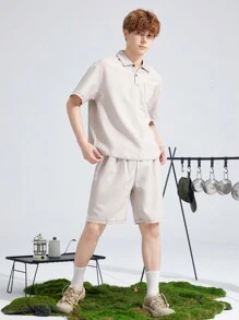 SHEIN 2入組 青少年 男生 休閒 韓版 顯瘦 寬鬆 大學風 超舒適 簡約實用 易搭配 柔軟舒適 麻棉混紡 紋路技法 顏色拼塊 半開襟Polo衫 短袖襯衫 搭配運動短褲 春夏