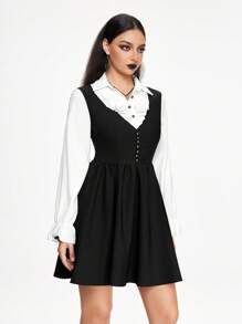 ROMWE Academia Preppy Style Neckline Ruffles Decoration Black And White Contrast Color Ladies 2 In 1 Dress - Black and White - View 1