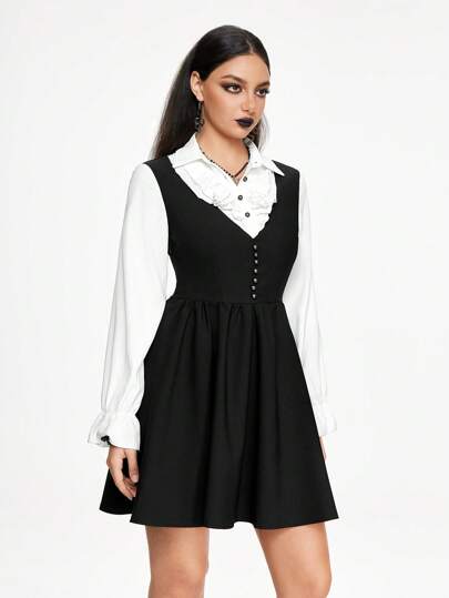 Academia Preppy Style Neckline Ruffles Decoration Black And White Contrast Color Ladies 2 In 1 Dress