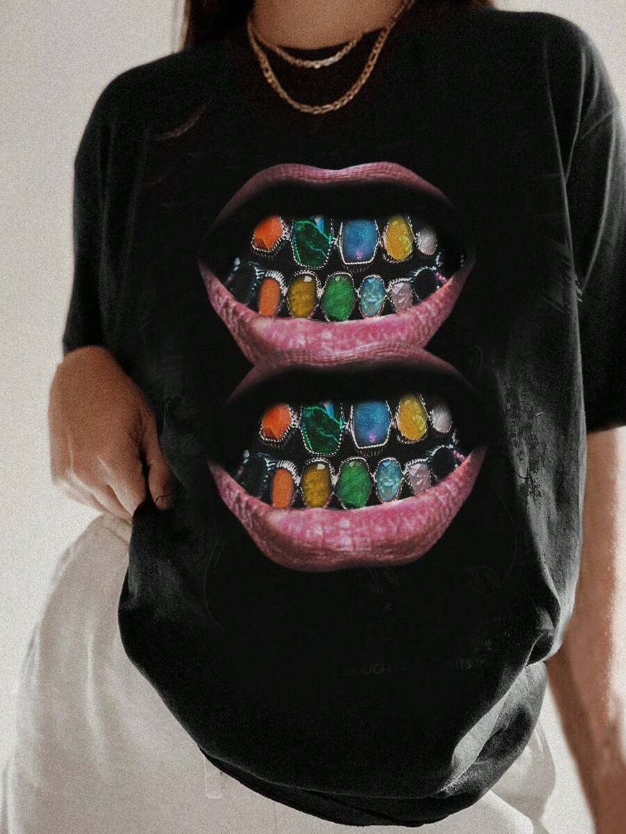 SHEIN EZwear Casual Loose Crew Neck Lip Print Short Sleeve T-Shirt For Women, Summer - Black - View 1