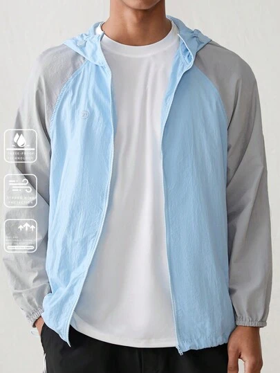Manfinity VCAY Men's Woven Casual Fashion Hooded Zipper Front Patchwork Long Sleeve Jacket For Daily Wear,Sun Protection Waterproof Quick Drying,Gray ,Blue, For Fall Winter