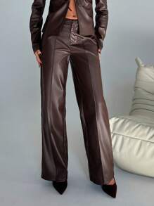 Aloruh 女士商务休闲开叉直筒 PU 皮裤 - 棕色 - 查看 3