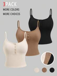 SHEIN PETITE 3件套休闲修身吊带背心套装，夏季 - 黑色 - 查看 3