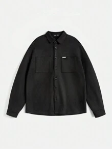 Manfinity VCAY 男士宽松仿麂皮长袖工装外套，纯色基本款，秋冬适用 - 黑色 - 查看 1