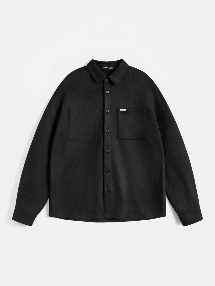 Manfinity VCAY 男士宽松仿麂皮长袖工装外套，纯色基本款，秋冬适用 - 黑色 - 查看 1