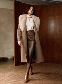 Anewsta Áo khoác dài tay có túi thắt lưng cổ lông, thích hợp cho mùa thu/đông - Màu Khaki - Xem 1