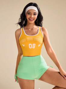 Easithlete Contrast Trim Letter Print Round Neck Sports Tennis Tank Top, Summer