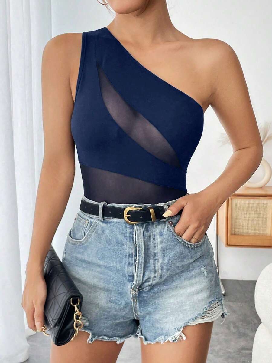 INAWLY Áo liền quần không tay một vai màu trơn mùa hè phối lưới gợi cảm - Màu xanh lam - Xem 1