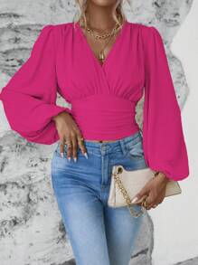 EMERY ROSE Women's Spring And Summer Solid Color Overlapping V-Neck Lantern Sleeve Elegant Shirt Fall Cloth For Women - Hot Pink - View 6