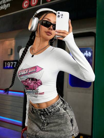 Streetz SHEIN Sport Yuvarlak Yaka Uzun Kollu Araba Harf Baskılı Kısa Üst, Günlük Giyim