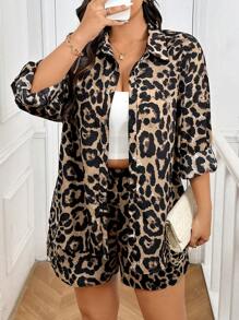 SHEIN Frenchy 2pcs Plus Size Casual Leopard Print Long Sleeve Shirt And Shorts Suit
