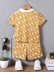 SHEIN 男婴夏季休闲全印花 Polo 衫和短裤套装 - 咖啡棕 - 查看 2