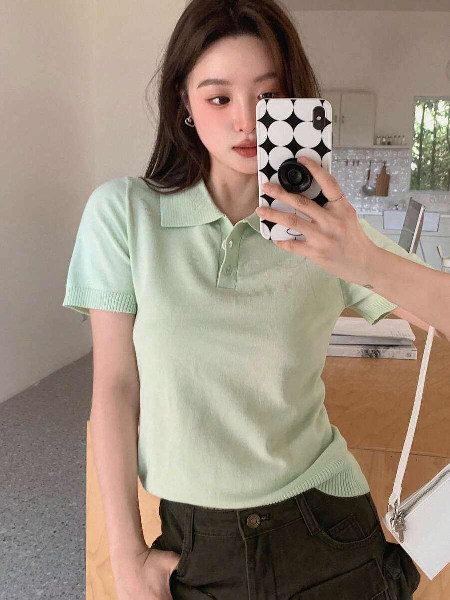 DAZY Women's Short Sleeve Polo Neck Knit Top
