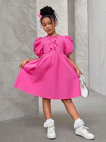 SHEIN Tween 女童休闲宽松蝴蝶装饰圆领泡泡袖迷你连衣裙 - 玫紅色 - 查看 6