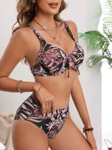 SHEIN Swim 女士度假必備熱帶植物印花前結綁性感比基尼套裝 - 咖啡棕 - 查看 4
