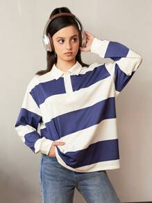 SHEIN Explorewe 青少女休閒條紋式撞色長袖緊身衣襯衫，有可摺疊領子，時尚百搭