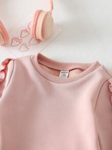 SHEIN Conjunto de sudadera con capucha y pantalón informal de unicolor para bebé niña con detalles de volantes, otoño/invierno - Rosa - Ver 5