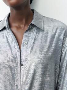 Maija Women's Silver Coated Fabric Shiny Chic Party Blouse, Loose Dolman Sleeve Solid Color Elegant Shirt, Versatile For Spring, Summer, All Seasons