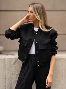 TRAFZA 女士复古纯色长袖夹克，带口袋和纽扣，休闲秋季飞行员夹克，黑色，春季款 - 黑色 - 查看 7