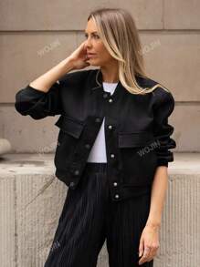 Chaqueta bomber casual de otoño para mujer TRAFZA con manga larga, unicolor retro, bolsillos y botones