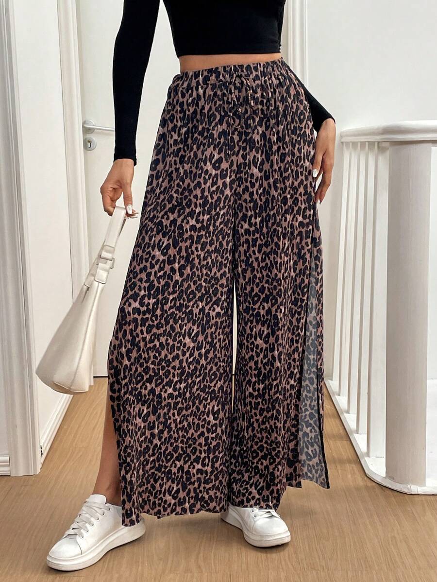 SHEIN Essnce Women Summer  Leopard   Street Fashion Side High Slit Color Block Printed Pleated Casual Wide Leg Baggy Pants - Multicolor - View 1