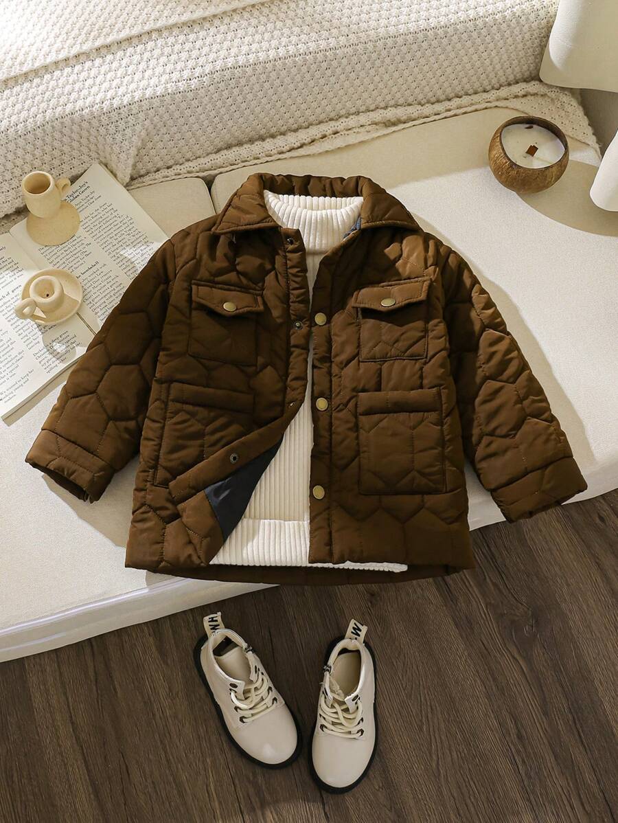 SHEIN Fashionable Retro Style Toddler Young Girl Straight Padded Coat - Brown - View 1