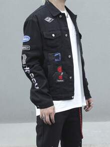 Manfinity Roghcode Men's Label Single Breasted Stylish Denim Jacket - Black - View 3