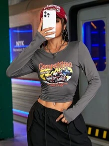 Streetz SHEIN Sport Women's Letter & Car Print Crew Neck Ruched Long Sleeve Sports Fitted T-Shirt - White - View 5