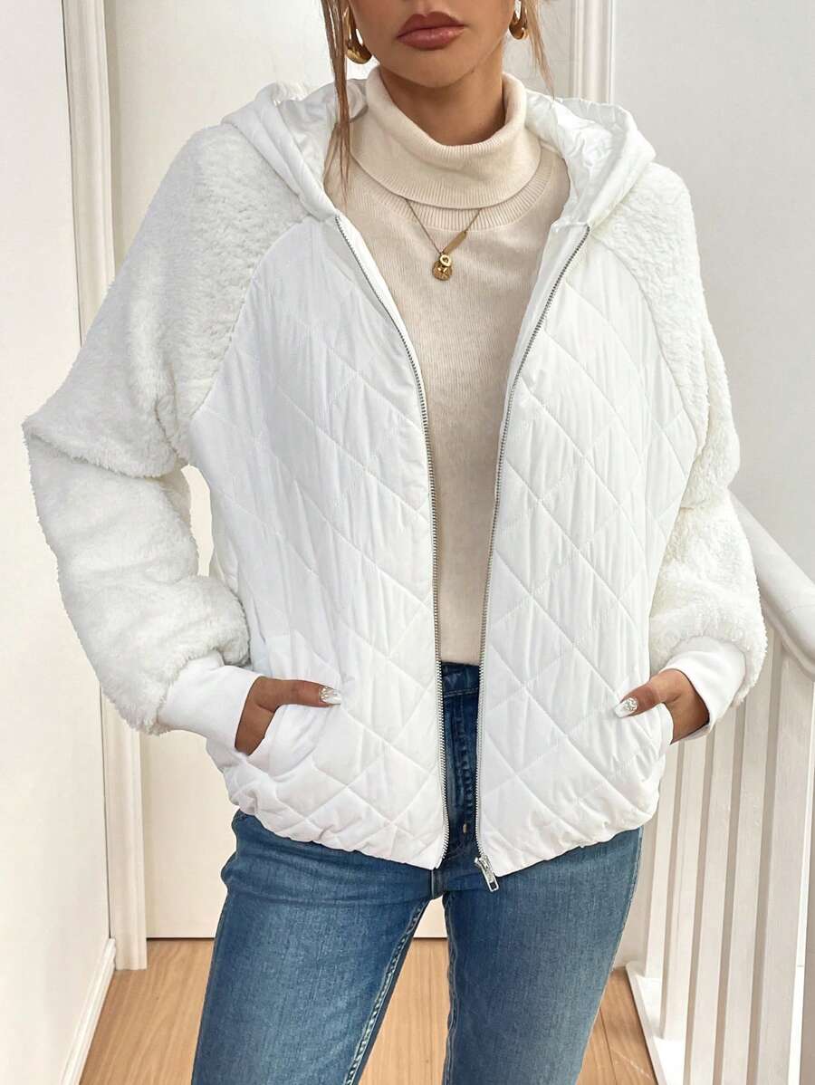 SHEIN Essnce Women's Solid Color Raglan Sleeve Casual Hooded Padded Coat, Autumn/Winter - White - View 1