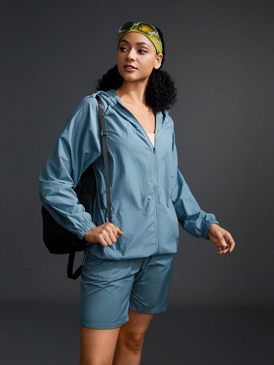 SHEIN Sports 2pcs Women Spring & Autumn Solid Color Raglan Sleeve Hoodie Jacket And Shorts Sports Suit - Baby Blue - View 1