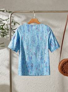 SHEIN LUNE Women's Front Button Up All-Over Print Round Neck Short Sleeve Casual Top - Blue - View 3