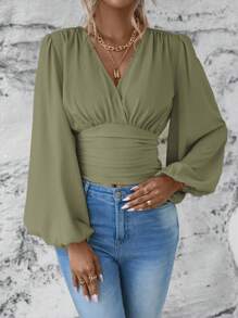 SHEIN Clasi Solid V-Neck Criss-Cross Ruched Long Sleeve Blouse - Olive Green - View 5