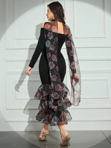 Modelyn 女式花卉撞色网眼露肩长袖修身连衣裙，搭配鱼尾下摆长款晚礼服