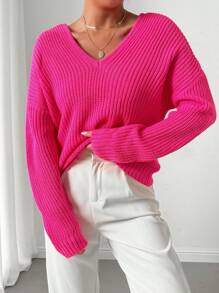 SHEIN LUNE V-Neck Dropped Shoulder Solid Color Sweater, Spring Autumn, Knit Pullover Fall Winter - Hot Pink - View 3