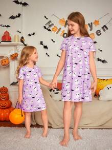 SHEIN Tween Girl Cute Cartoon Pattern Short Sleeve Halloween Theme Flame Retardant Nightgown, Sibling Outfits Matching Outfits (2 Pieces Are Sold Separately)